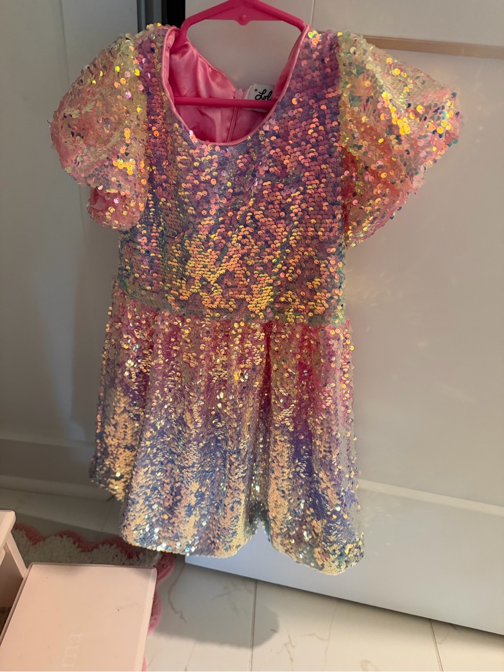 Lola + The Boys Iridescent Sequin Dress in Pink and Pastel Rainbow